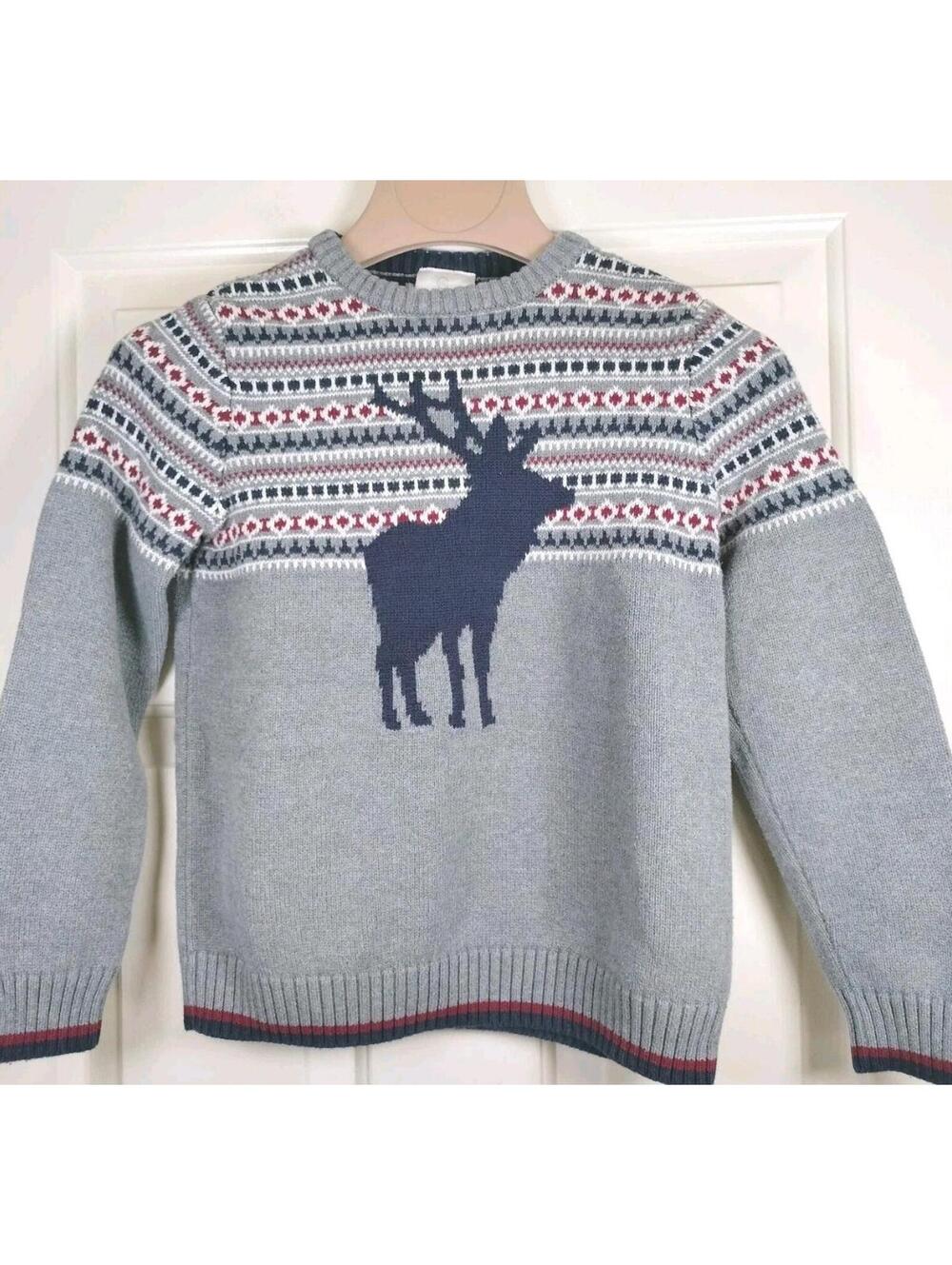 Hanna Andersson Boys Moose Fair Isle Sweater Size 140 US 10 Gray Elbow Patches‎